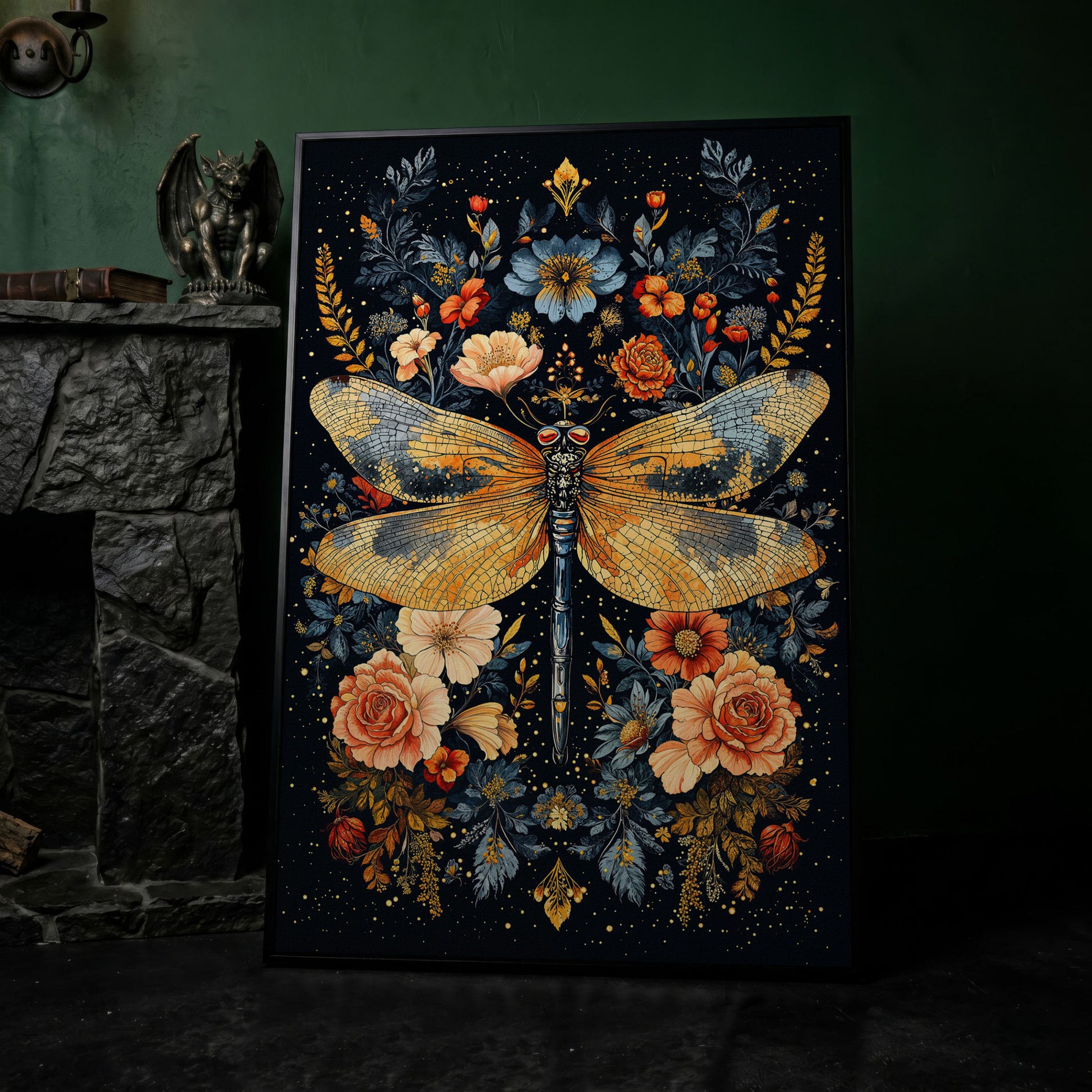 Dragonfly with Flowers Canvas in black floating frame