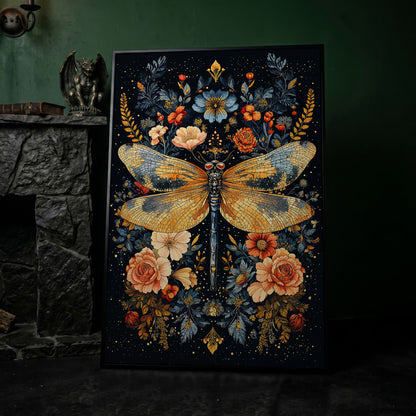Dragonfly with Flowers Canvas in black floating frame