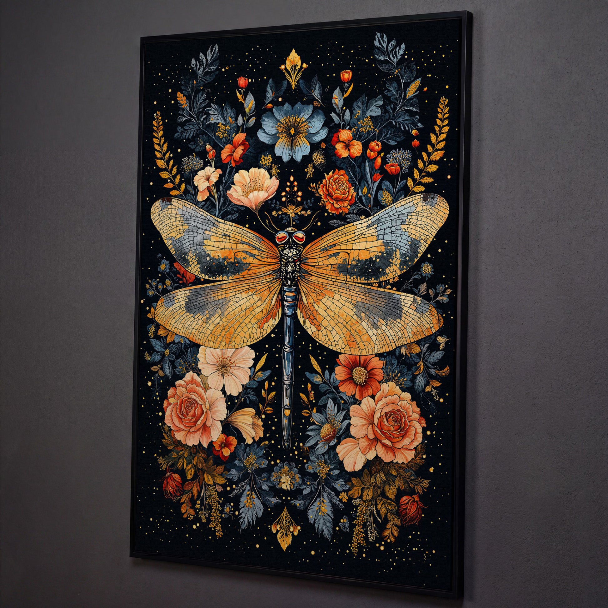 Dragonfly with Flowers Canvas shown in black floating frame