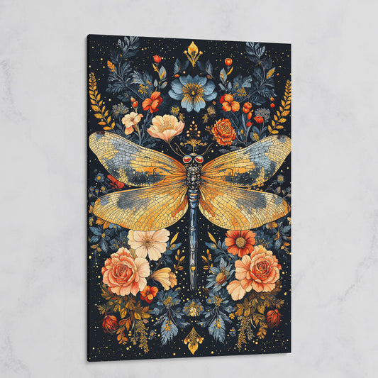 Dragonfly with Flowers Canvas on gallery wrap