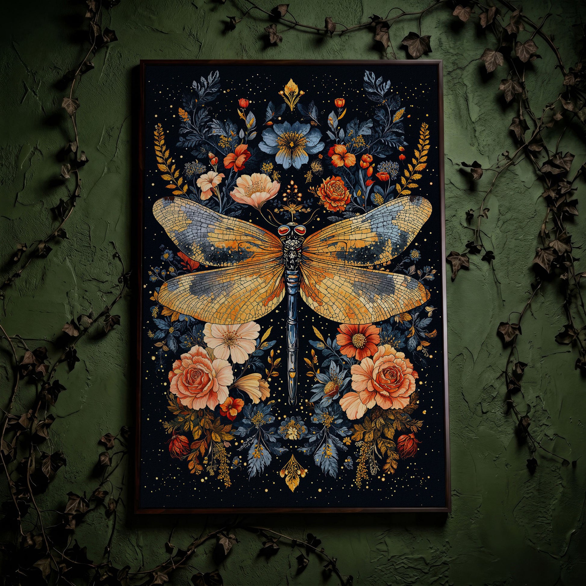 Dragonfly with Flowers Canvas in dark walnut floating frame