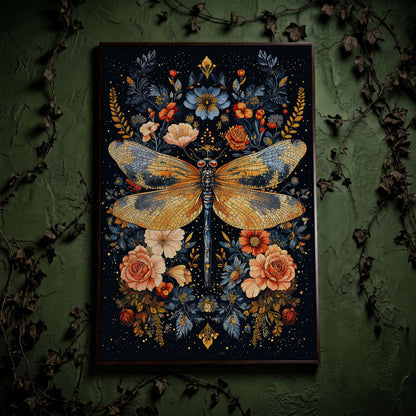 Dragonfly with Flowers Canvas in dark walnut floating frame