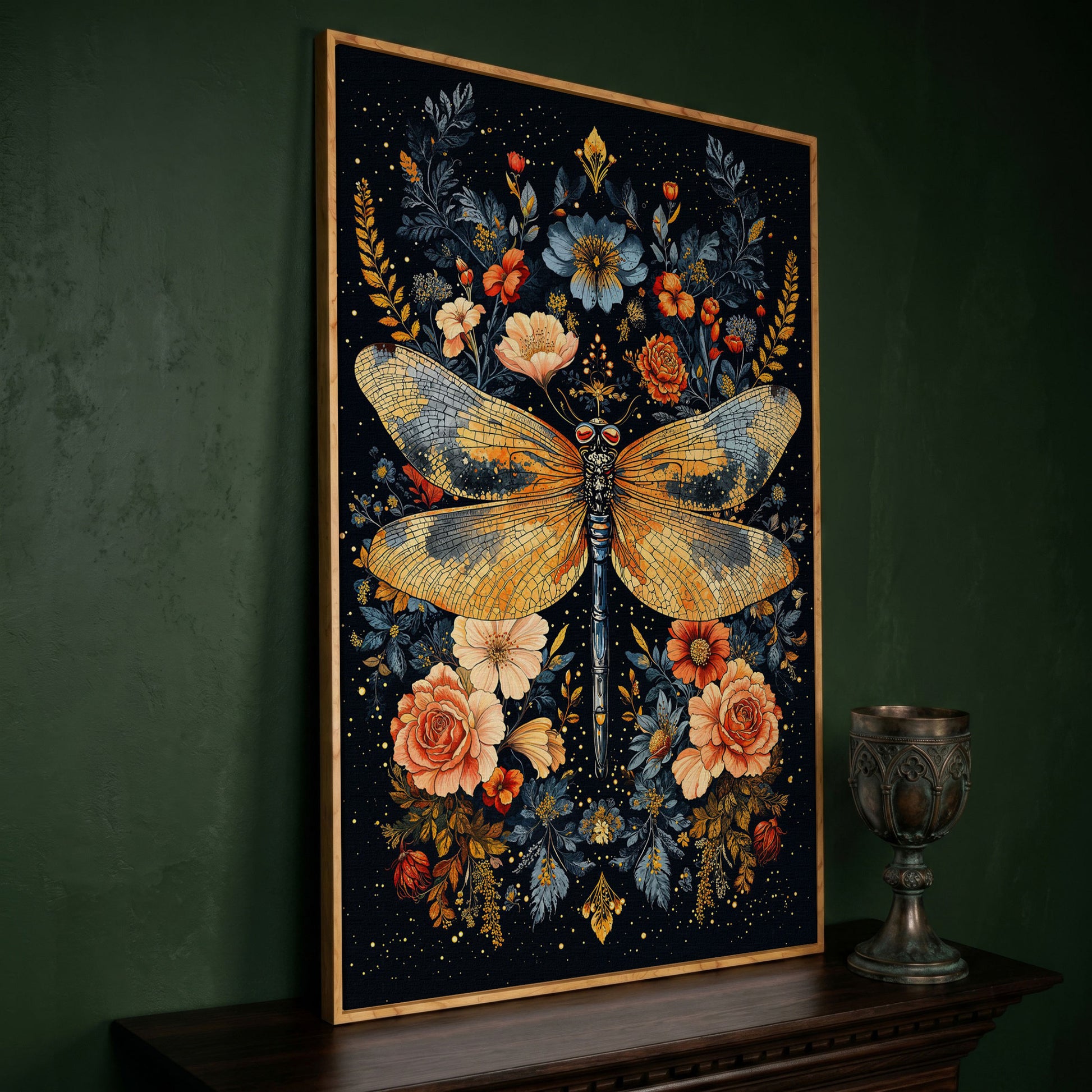 Dragonfly with Flowers Canvas in white oak floating frame