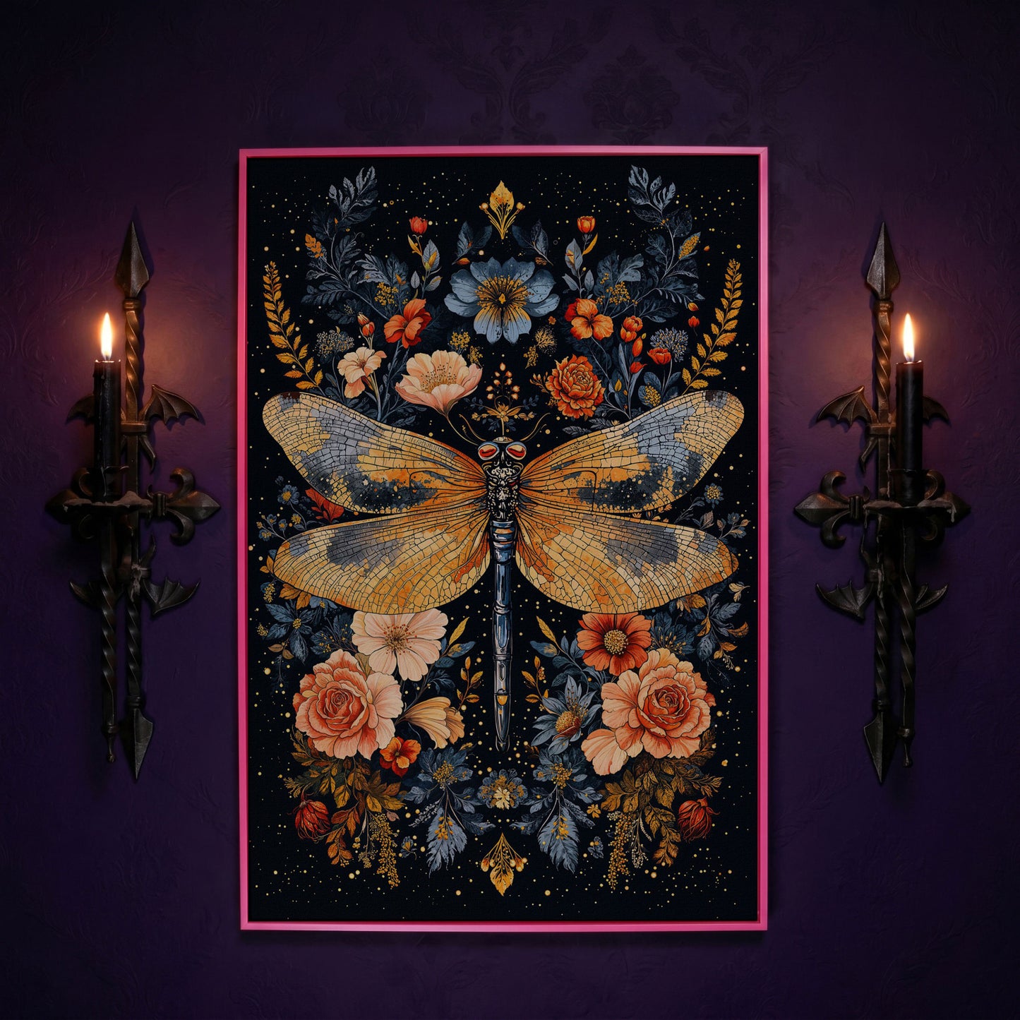 Dragonfly with Flowers Canvas in pink floating frame
