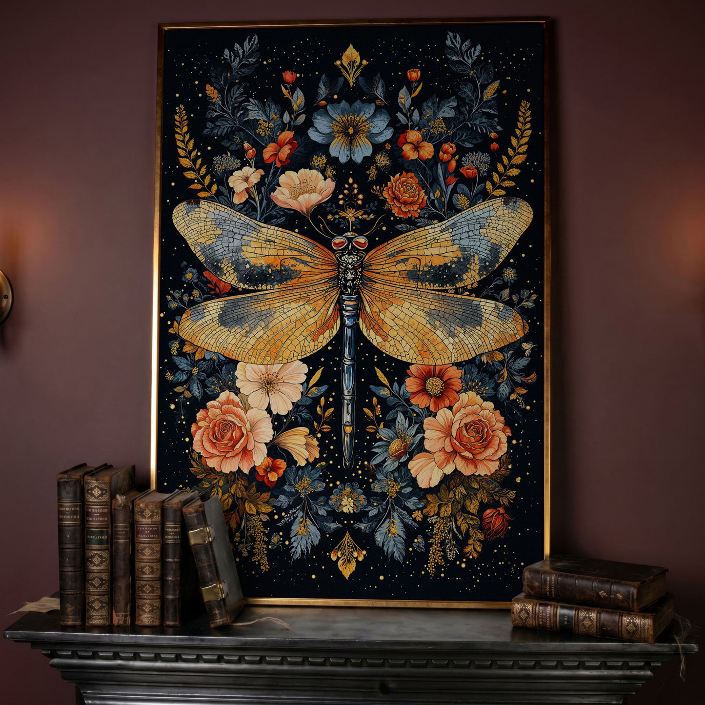 Dragonfly with Flowers Canvas in rose gold floating frame