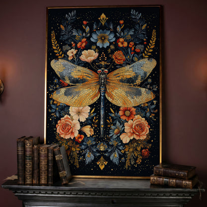 Dragonfly with Flowers Canvas in rose gold floating frame