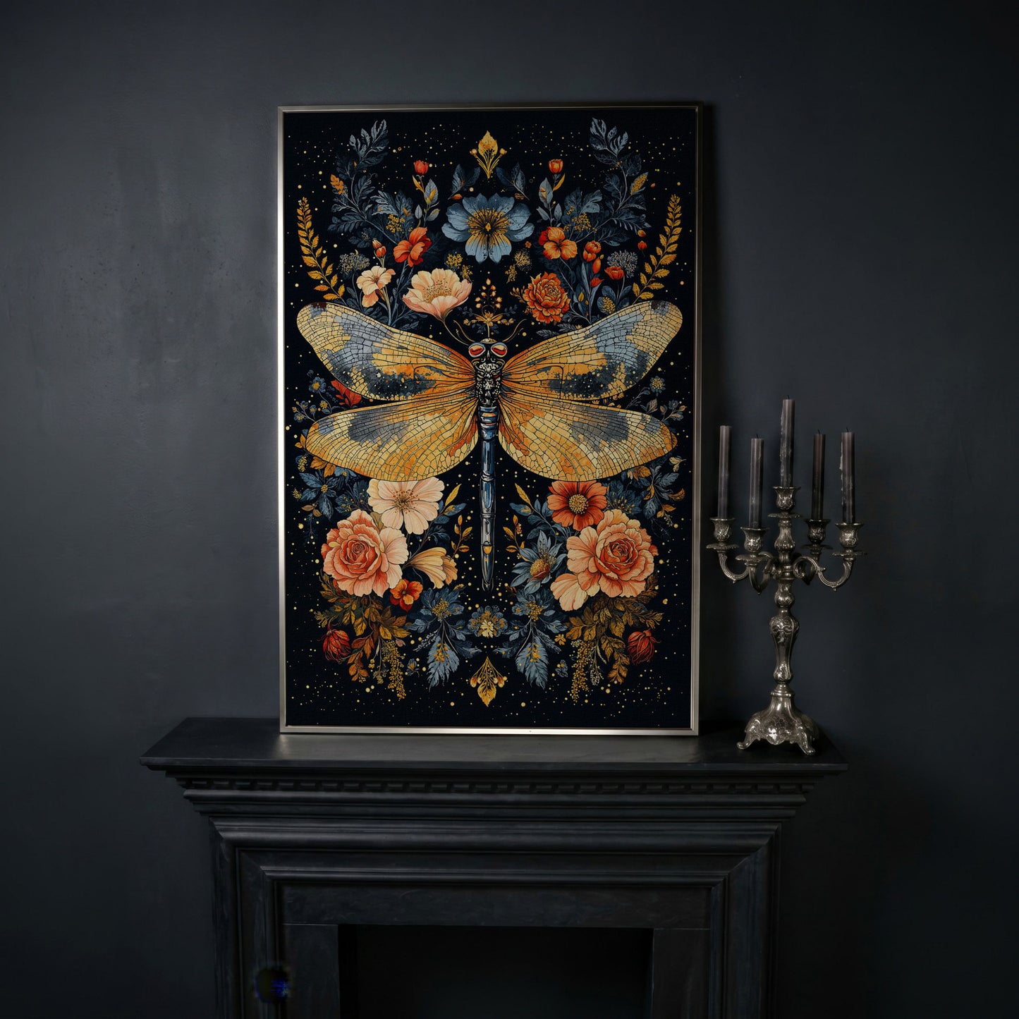 Dragonfly with Flowers Canvas in silver floating frame