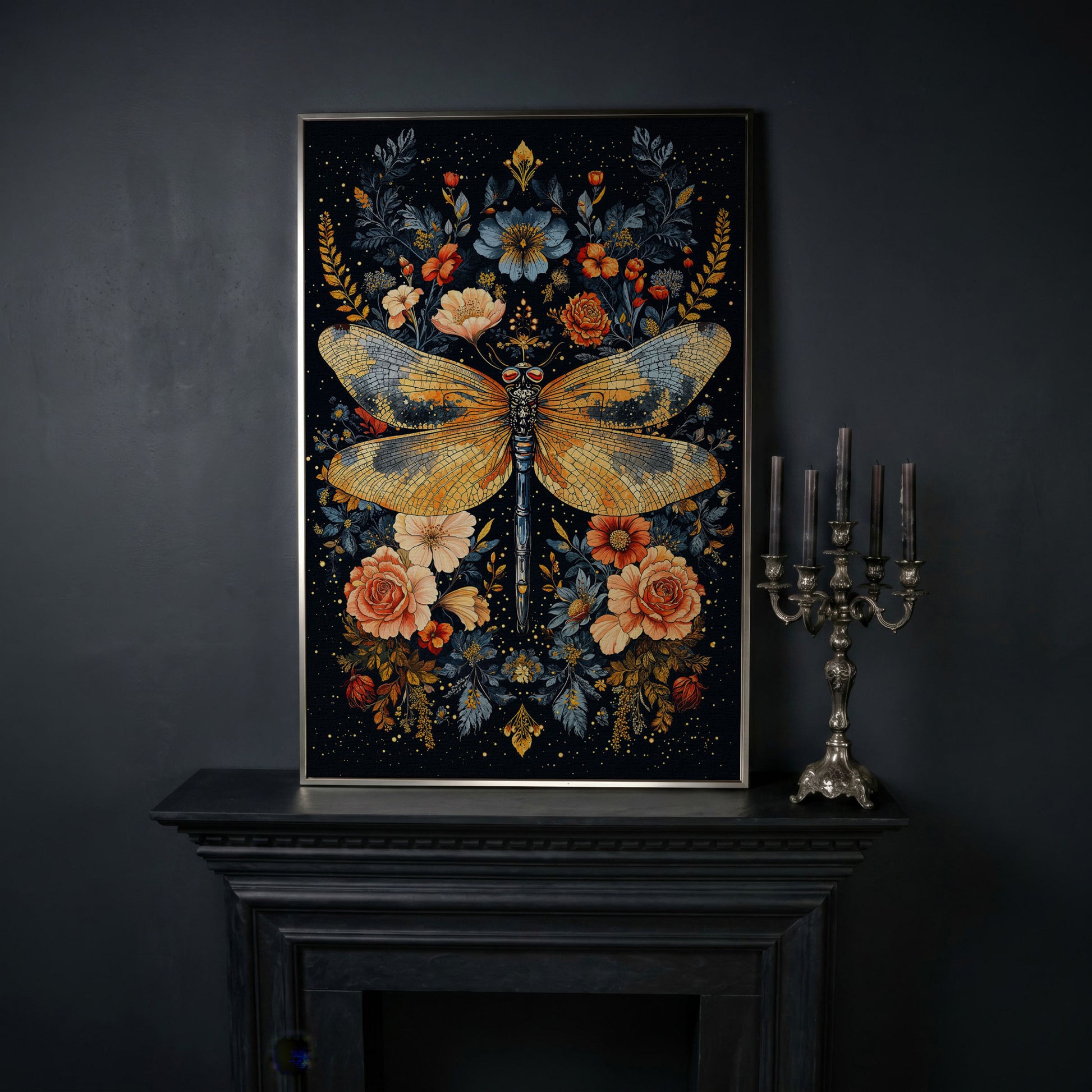 Dragonfly with Flowers Canvas in silver floating frame