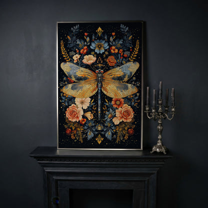 Dragonfly with Flowers Canvas in silver floating frame