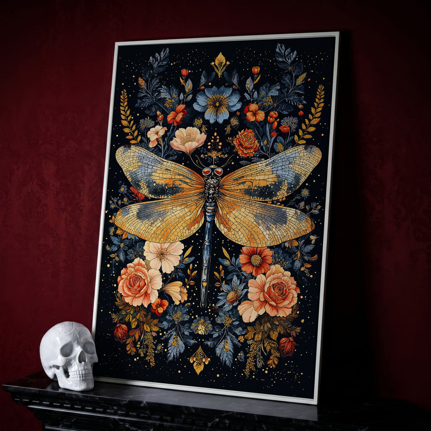 Dragonfly with Flowers Canvas in white floating frame