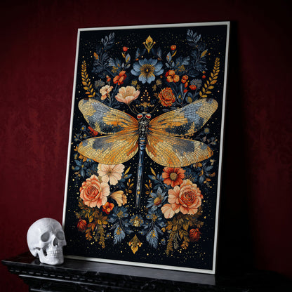 Dragonfly with Flowers Canvas in white floating frame