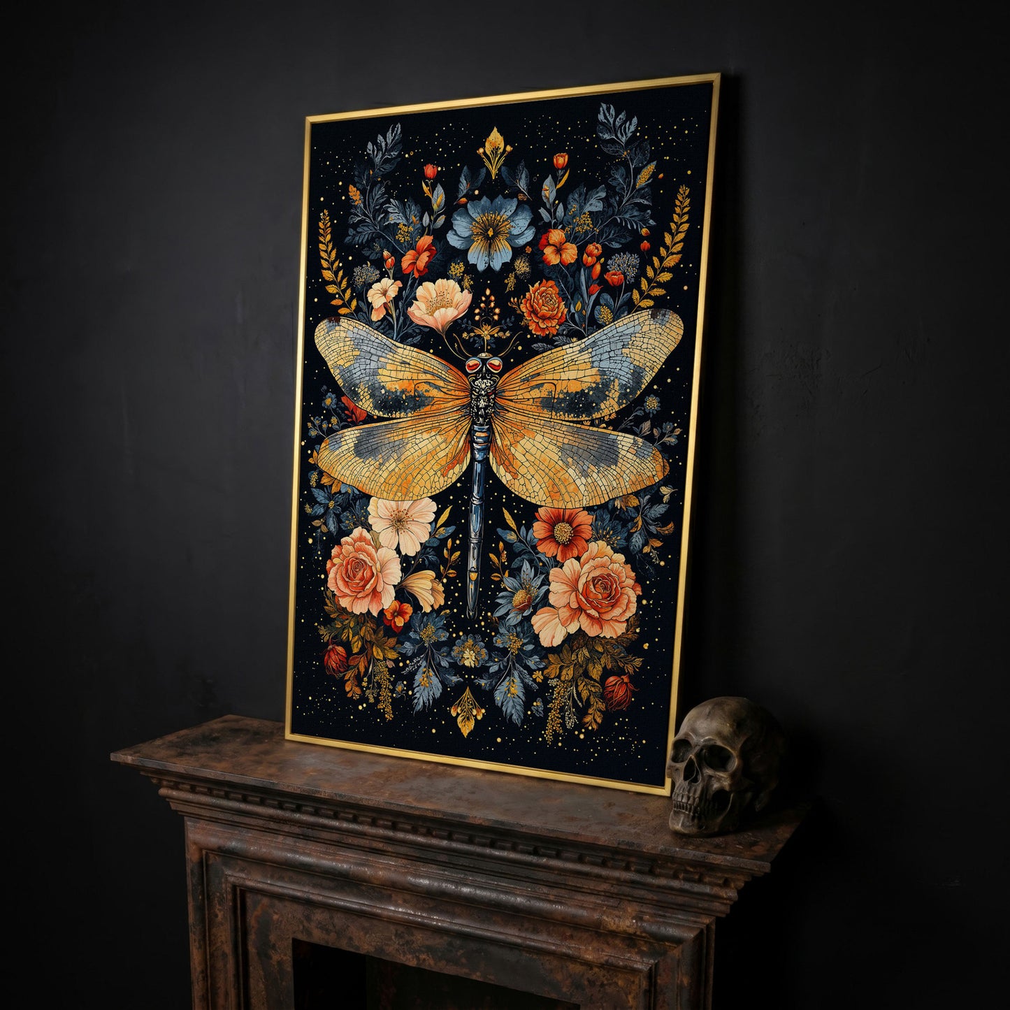 Dragonfly with Flowers Canvas in yellow gold floating frame