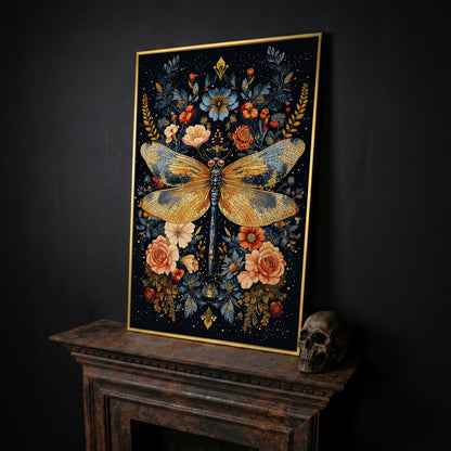Dragonfly with Flowers Canvas in yellow gold floating frame
