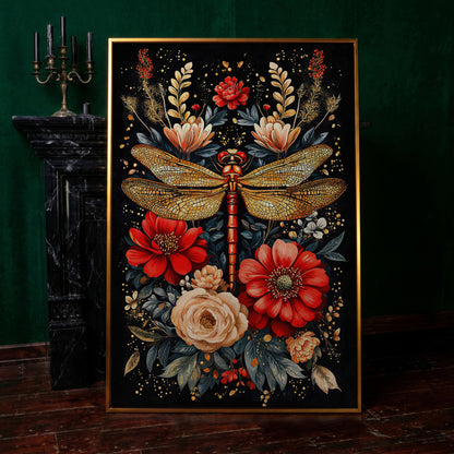 Dragonfly and Floral Canvas Art in antique gold floating frame