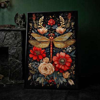 Dragonfly and Floral Canvas Art in black floating frame