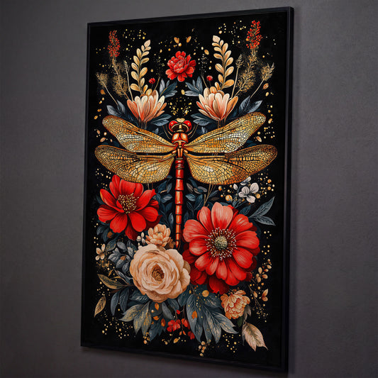 Dragonfly and Floral Canvas Art shown in black floating frame