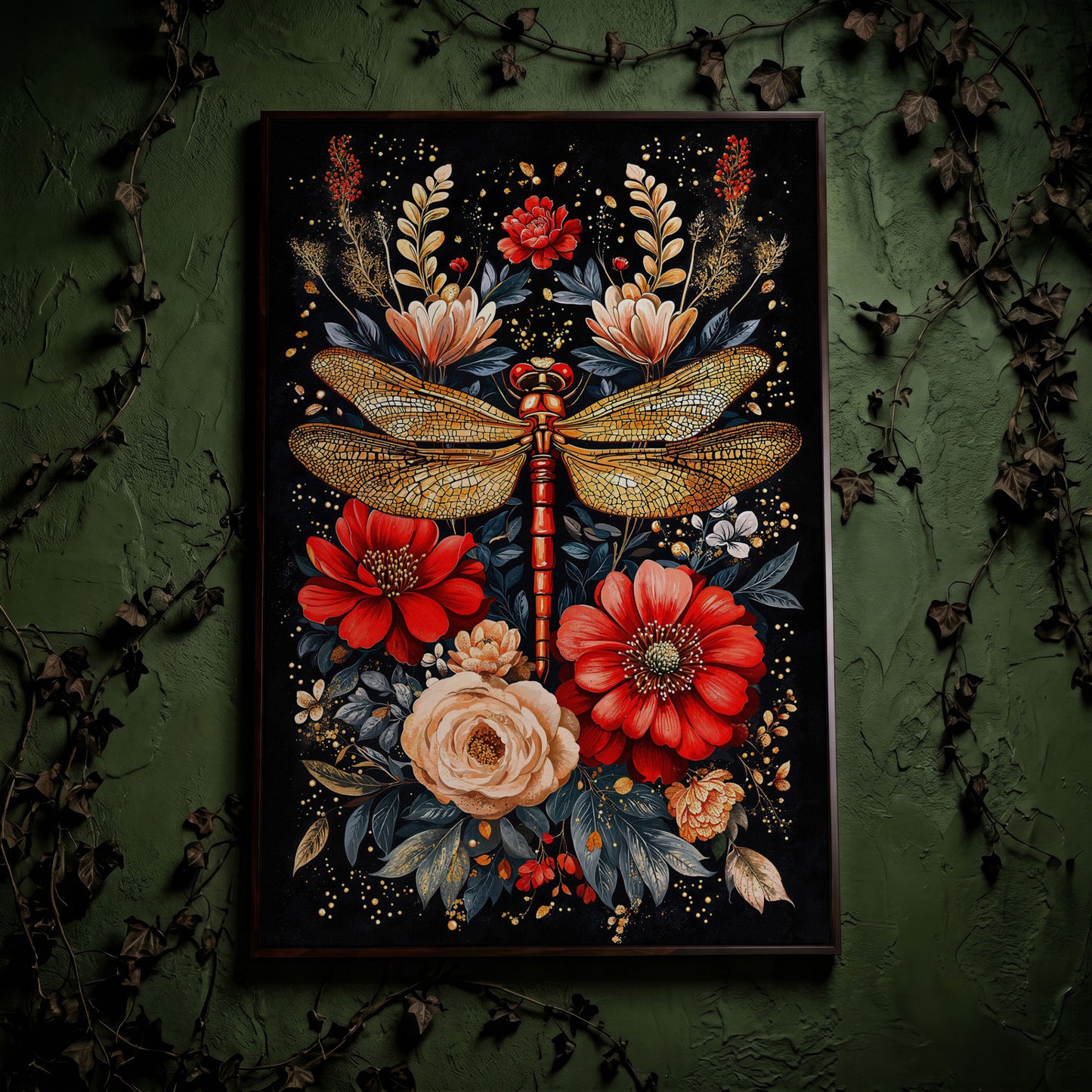 Dragonfly and Floral Canvas Art in dark walnut floating frame