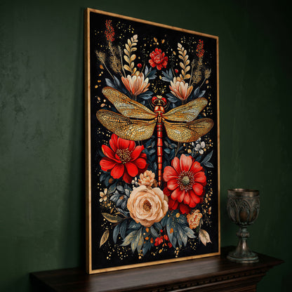 Dragonfly and Floral Canvas Art in white oak floating frame