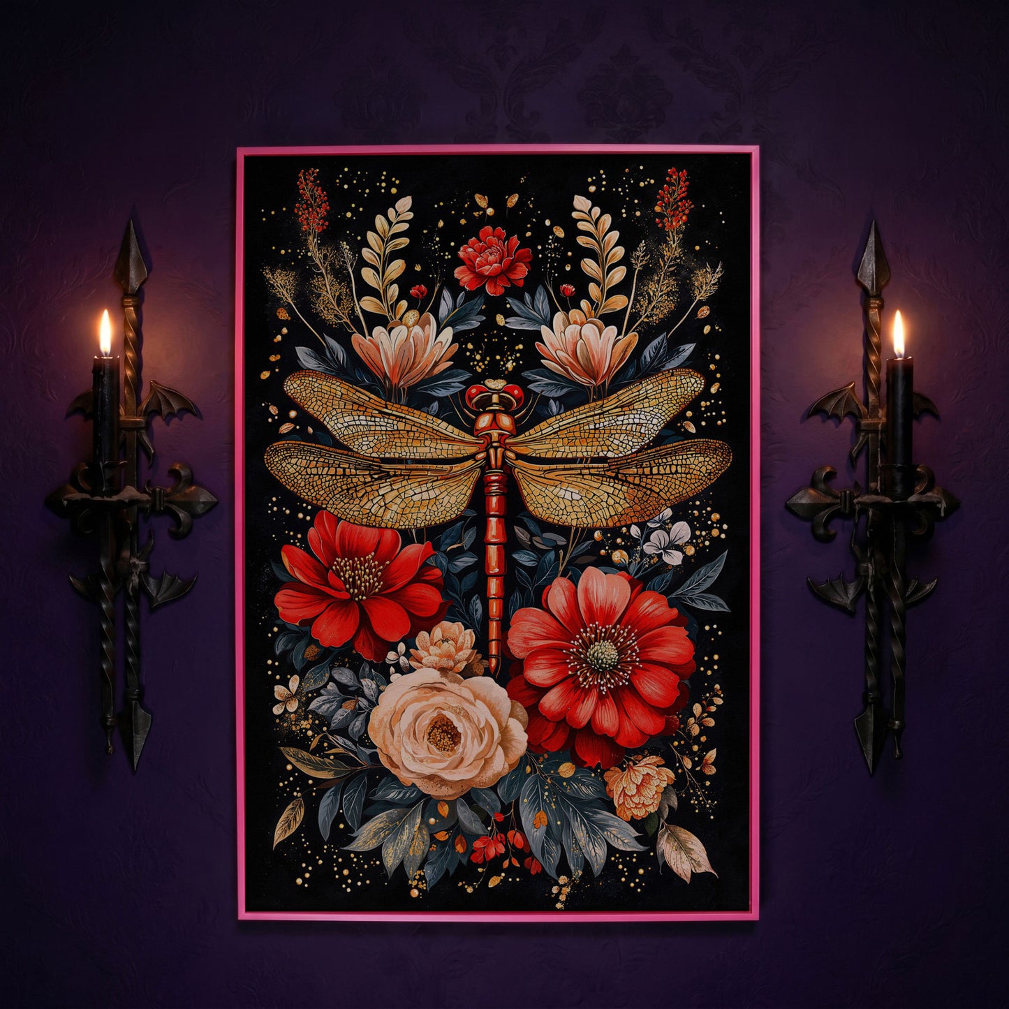 Dragonfly and Floral Canvas Art in pink floating frame