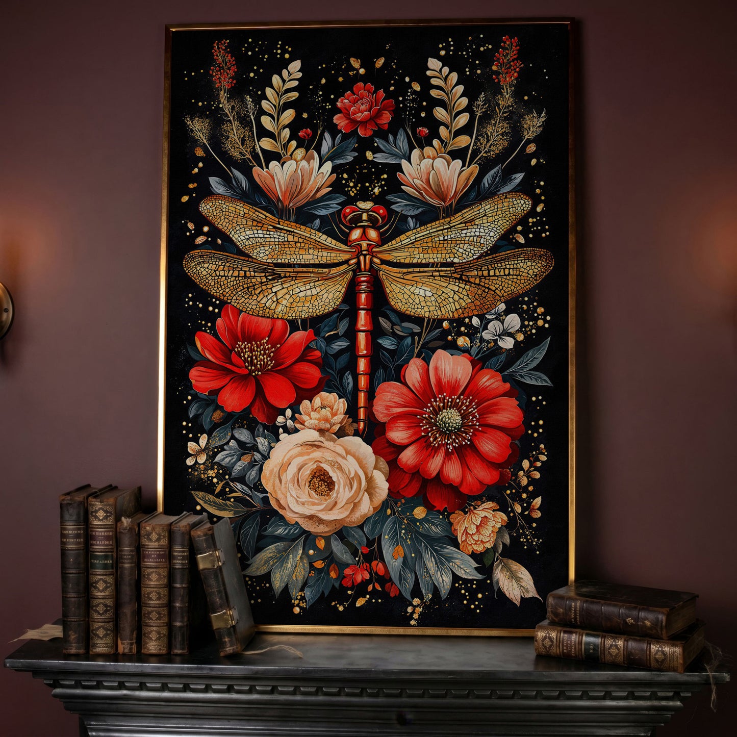 Dragonfly and Floral Canvas Art in rose gold floating frame