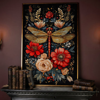 Dragonfly and Floral Canvas Art in rose gold floating frame