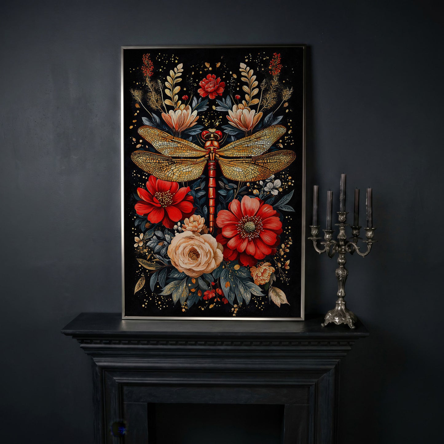 Dragonfly and Floral Canvas Art in silver floating frame