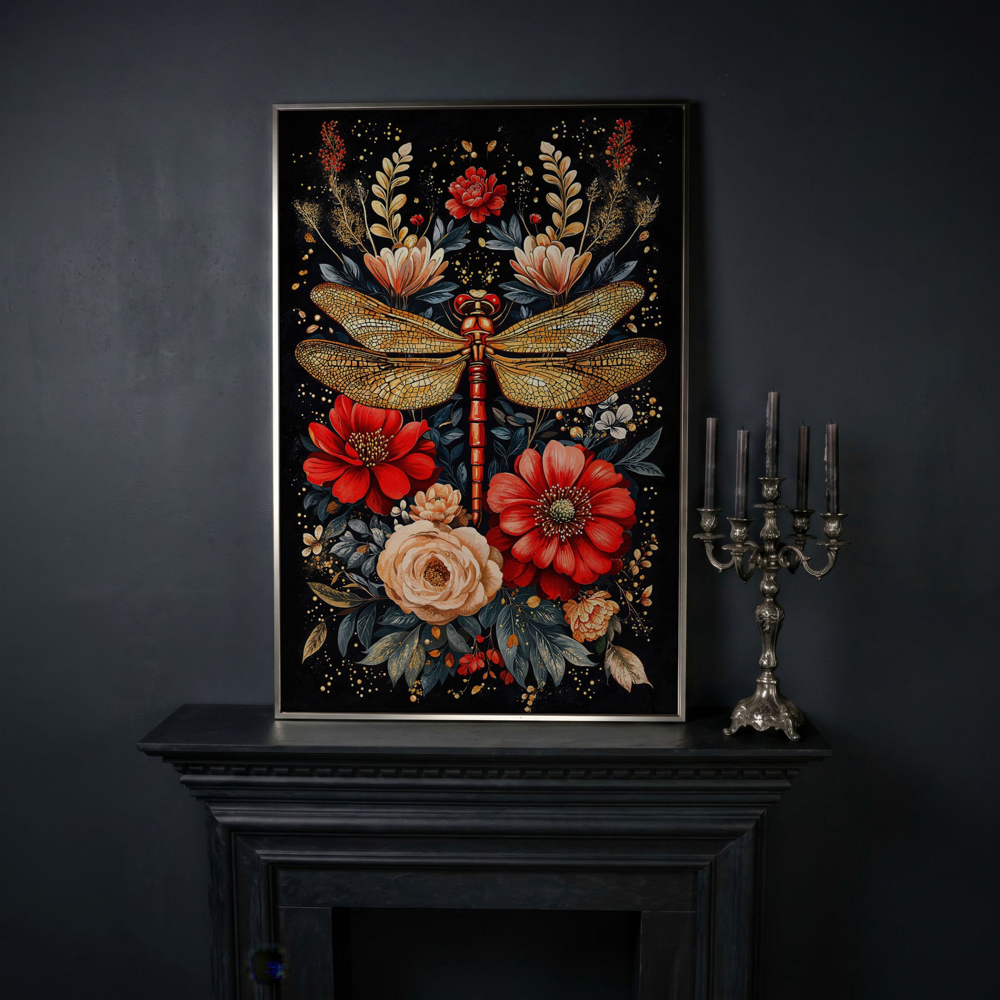 Dragonfly and Floral Canvas Art in silver floating frame