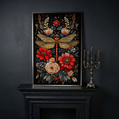 Dragonfly and Floral Canvas Art in silver floating frame