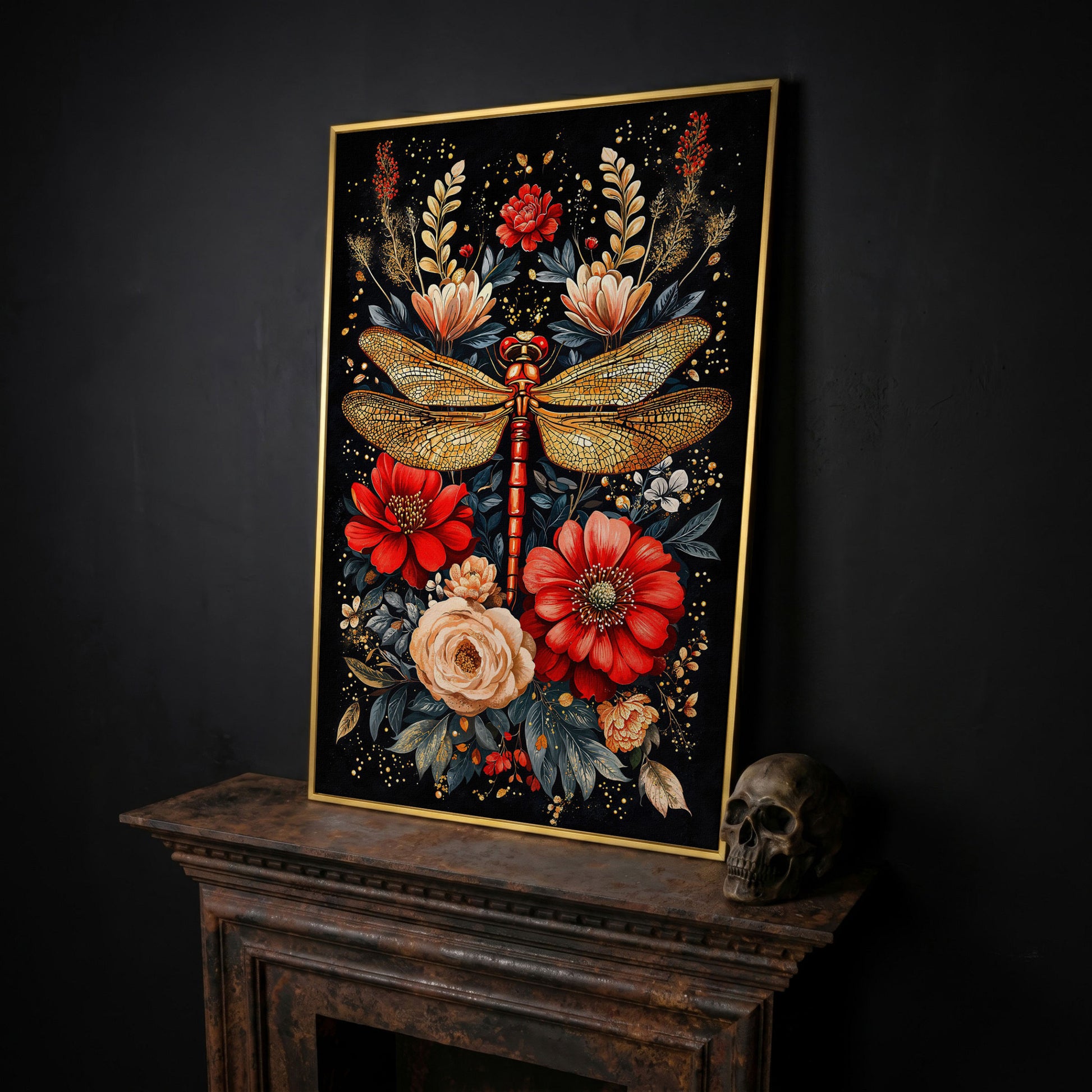 Dragonfly and Floral Canvas Art in yellow gold floating frame