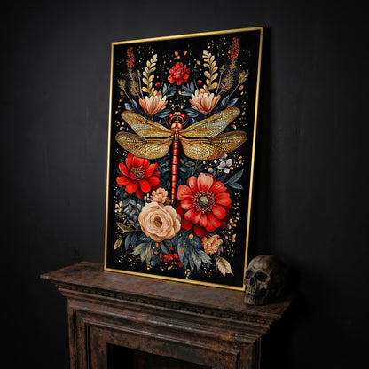 Dragonfly and Floral Canvas Art in yellow gold floating frame