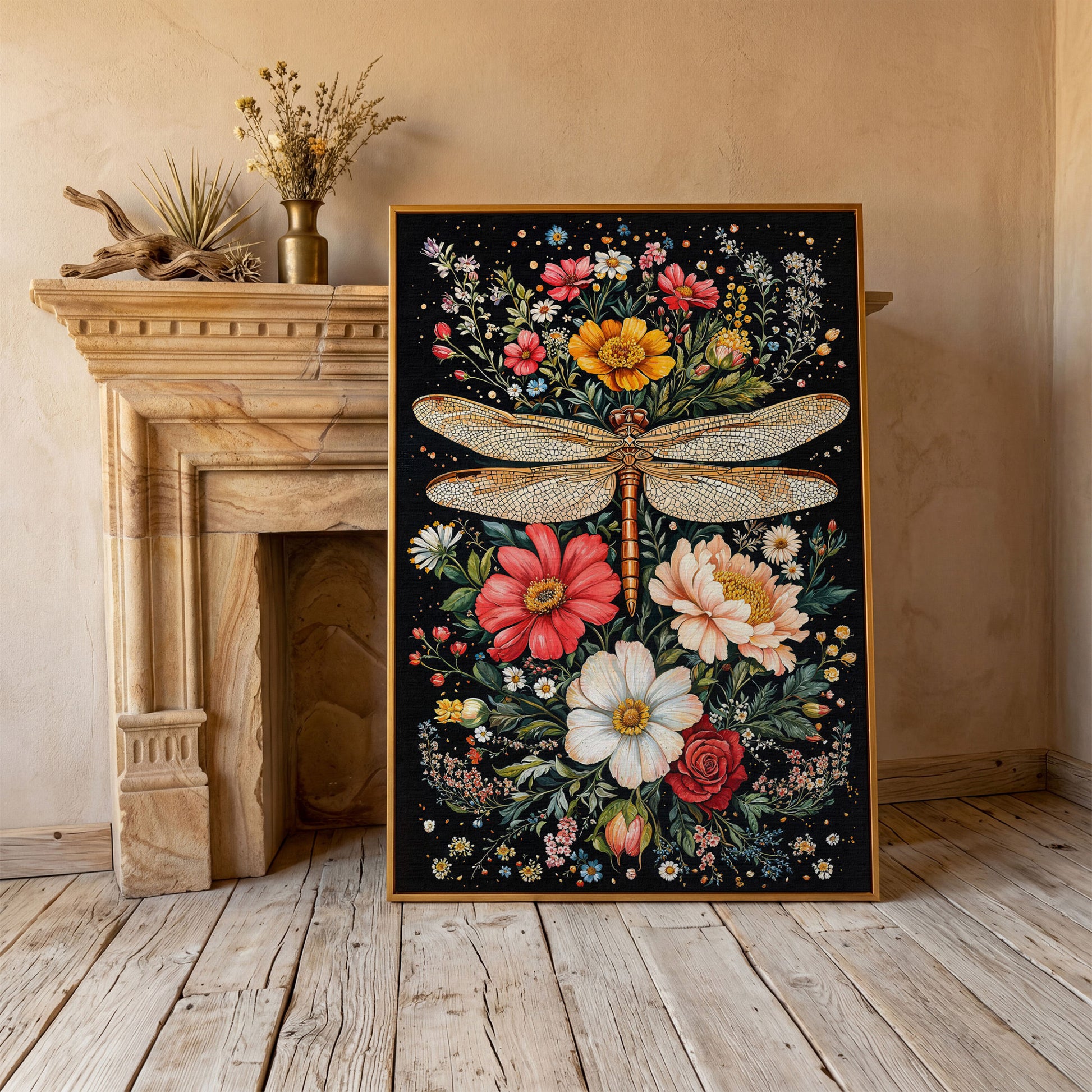 Dragonfly with Vibrant Wildflowers Canvas in antique gold floating frame