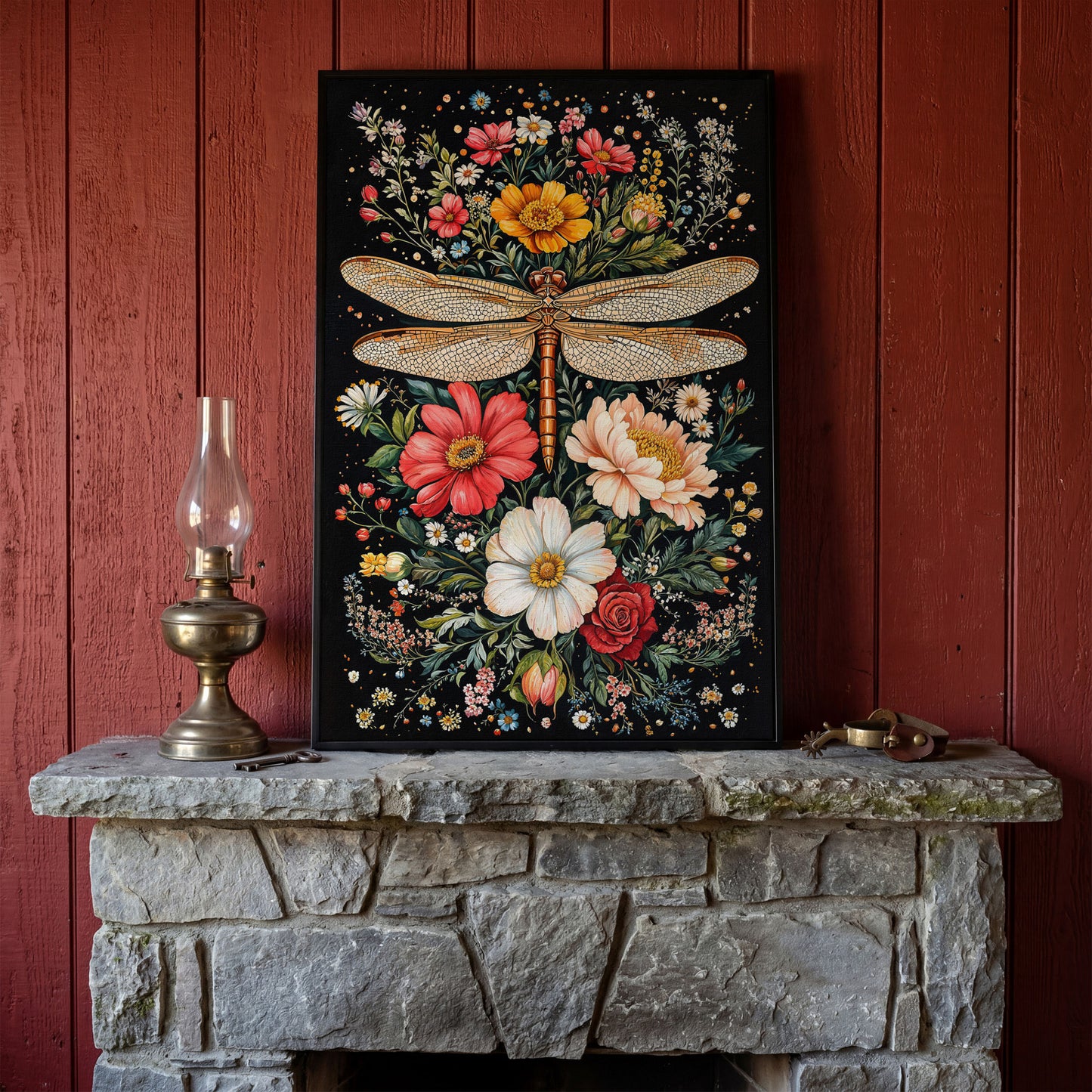 Dragonfly with Vibrant Wildflowers Canvas in black floating frame