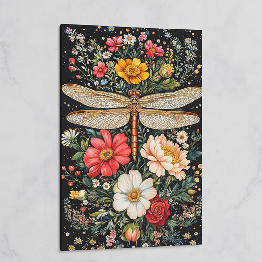 Dragonfly with Vibrant Wildflowers Canvas on gallery wrap