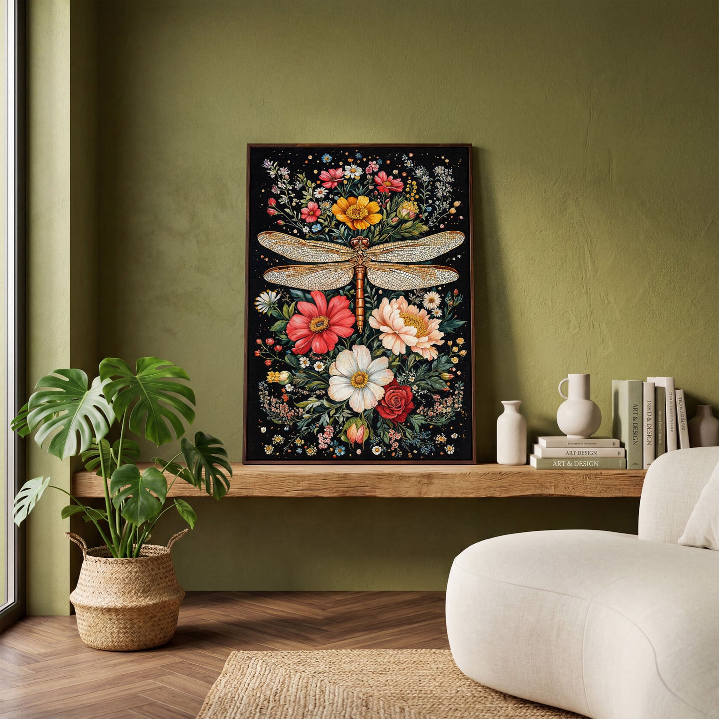 Dragonfly with Vibrant Wildflowers Canvas in dark walnut floating frame