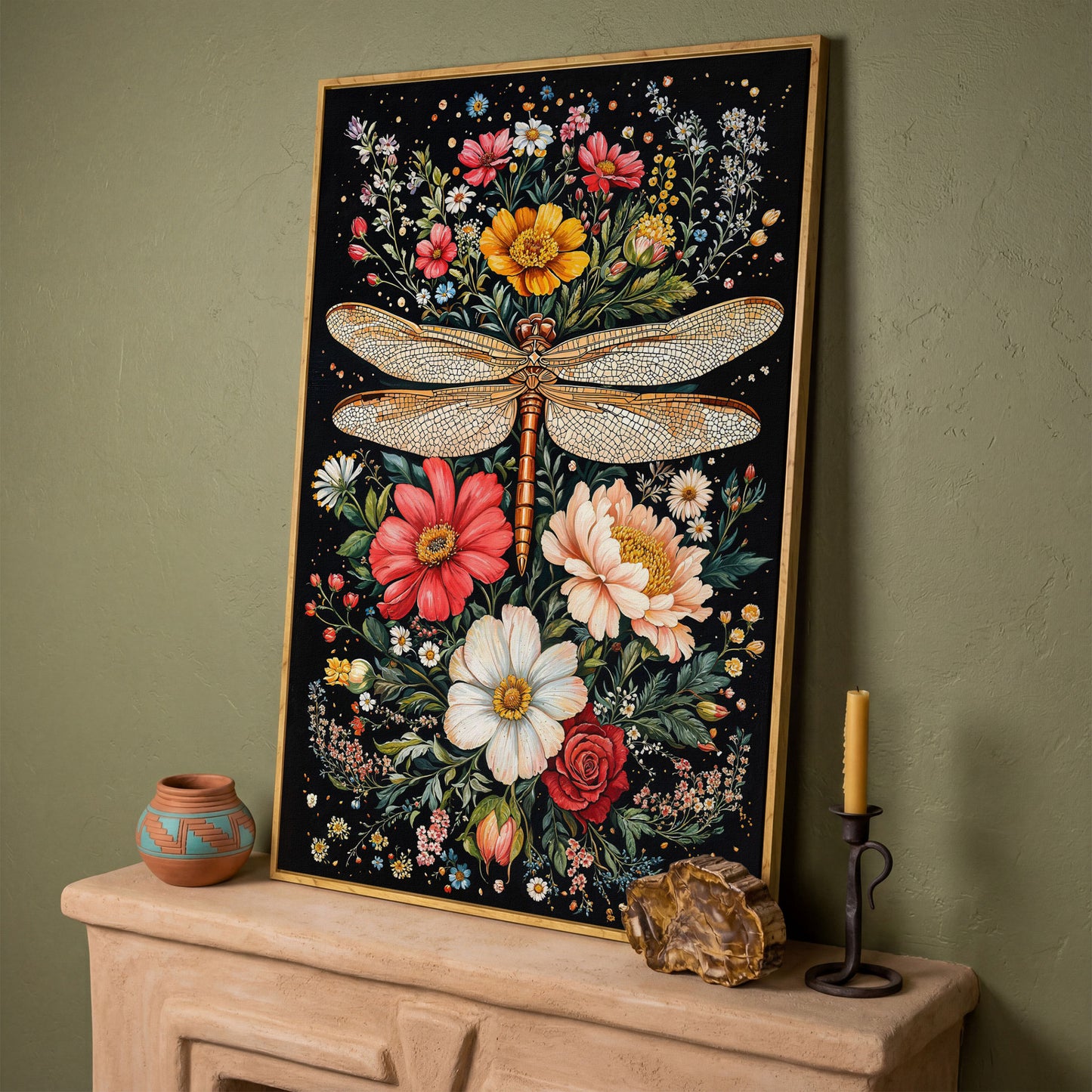 Dragonfly with Vibrant Wildflowers Canvas in white oak floating frame