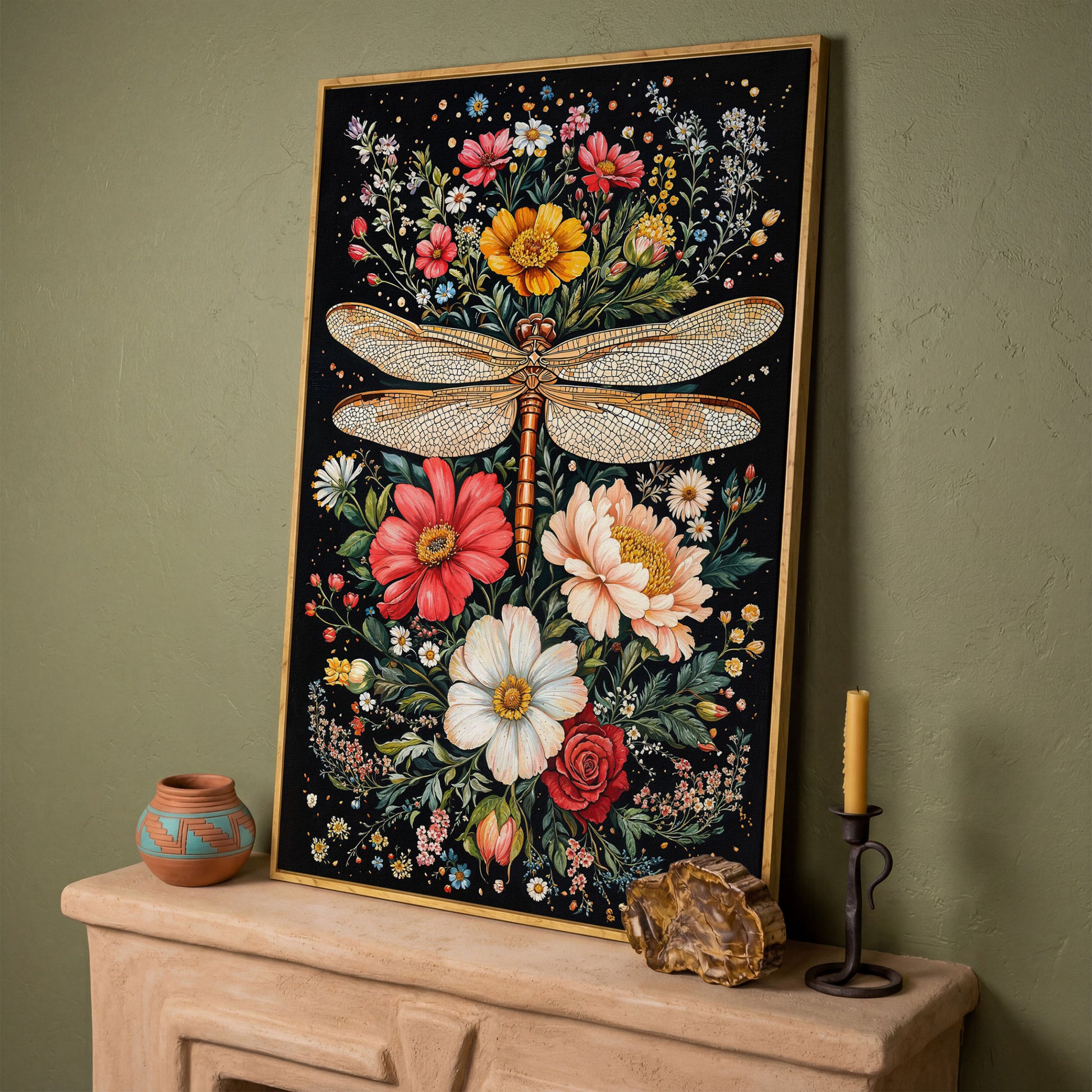 Dragonfly with Vibrant Wildflowers Canvas in white oak floating frame