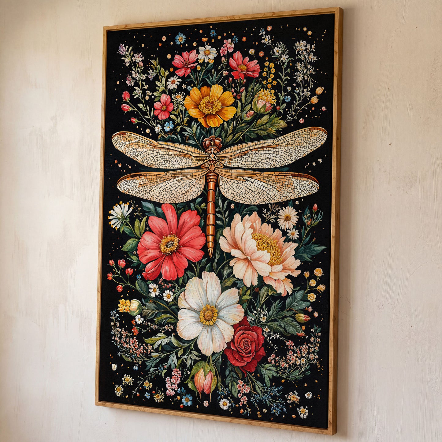Dragonfly with Vibrant Wildflowers Canvas shown in white oak floating frame