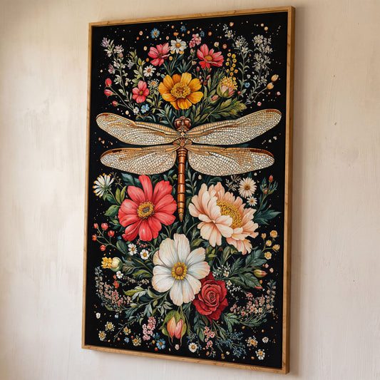 Dragonfly with Vibrant Wildflowers Canvas shown in white oak floating frame