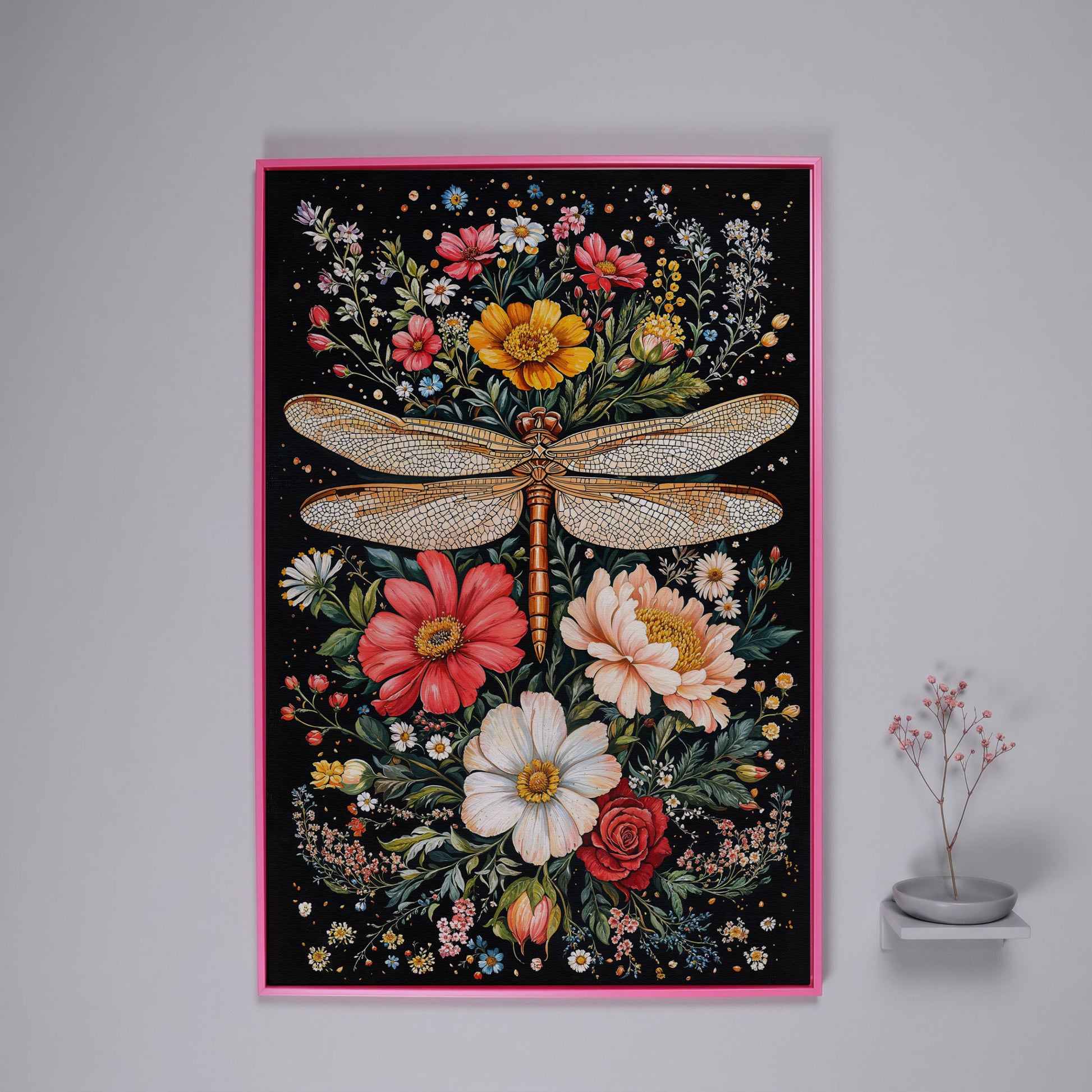 Dragonfly with Vibrant Wildflowers Canvas in pink floating frame