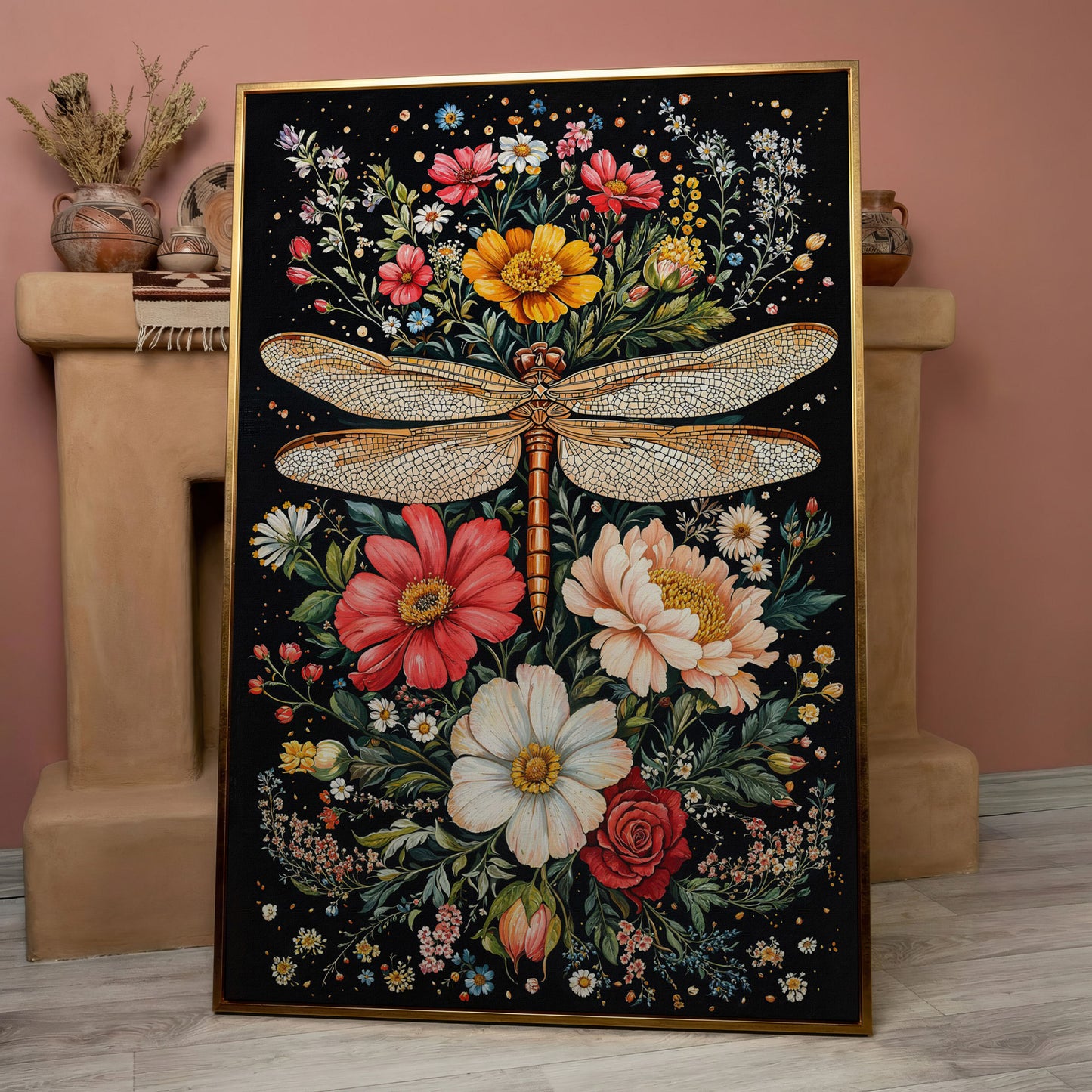 Dragonfly with Vibrant Wildflowers Canvas in rose gold floating frame