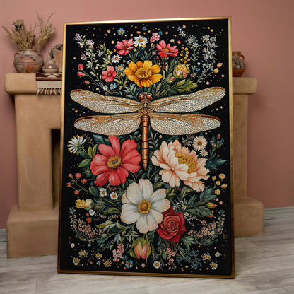 Dragonfly with Vibrant Wildflowers Canvas in rose gold floating frame