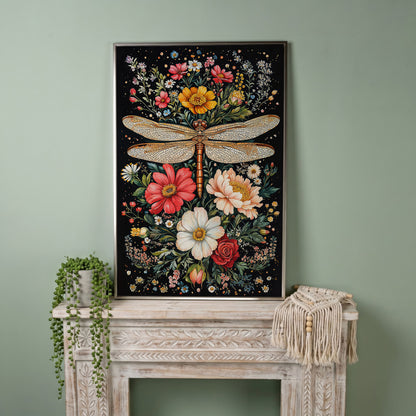 Dragonfly with Vibrant Wildflowers Canvas in silver floating frame