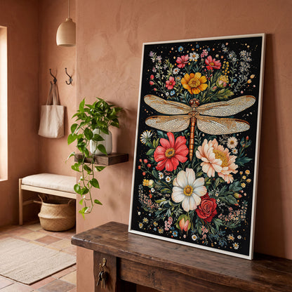 Dragonfly with Vibrant Wildflowers Canvas in white floating frame