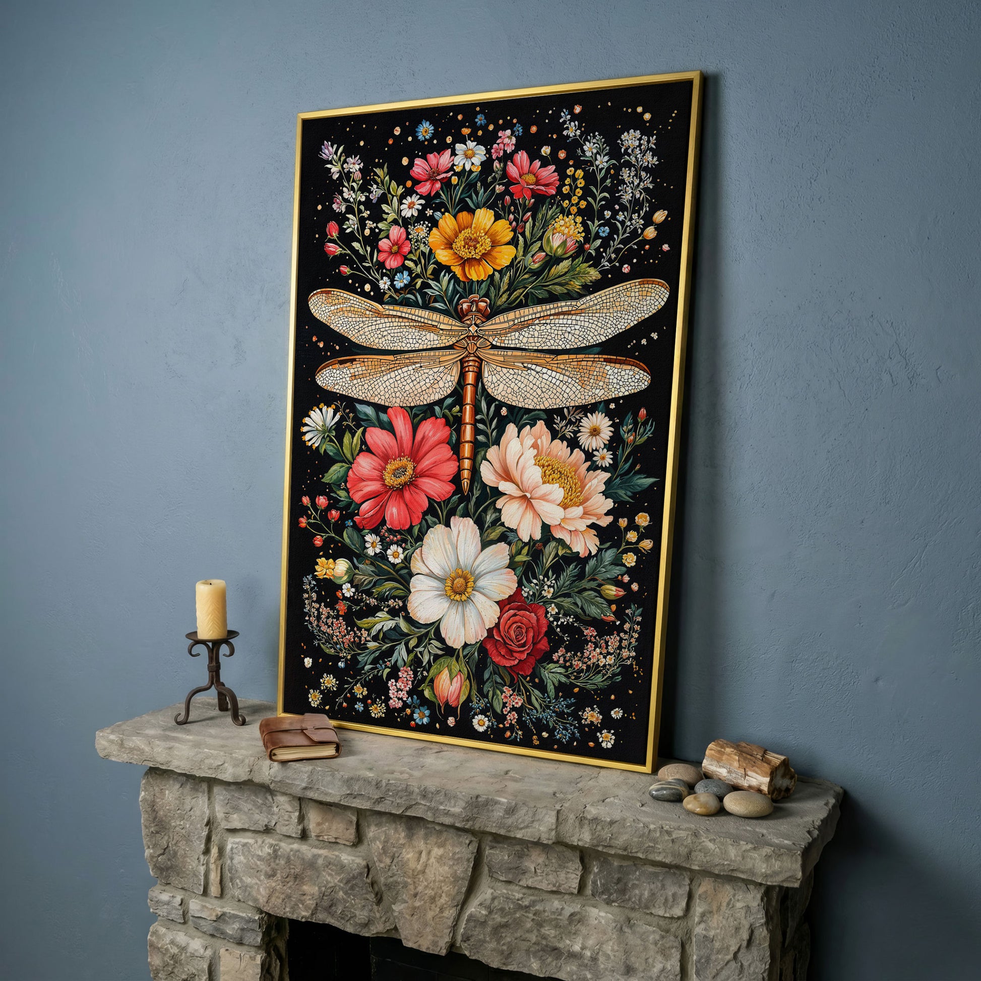 Dragonfly with Vibrant Wildflowers Canvas in yellow gold floating frame