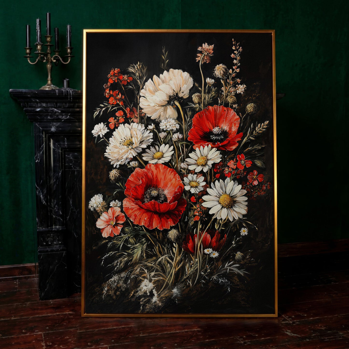 Red and White Wildflowers Canvas Print in antique gold floating frame