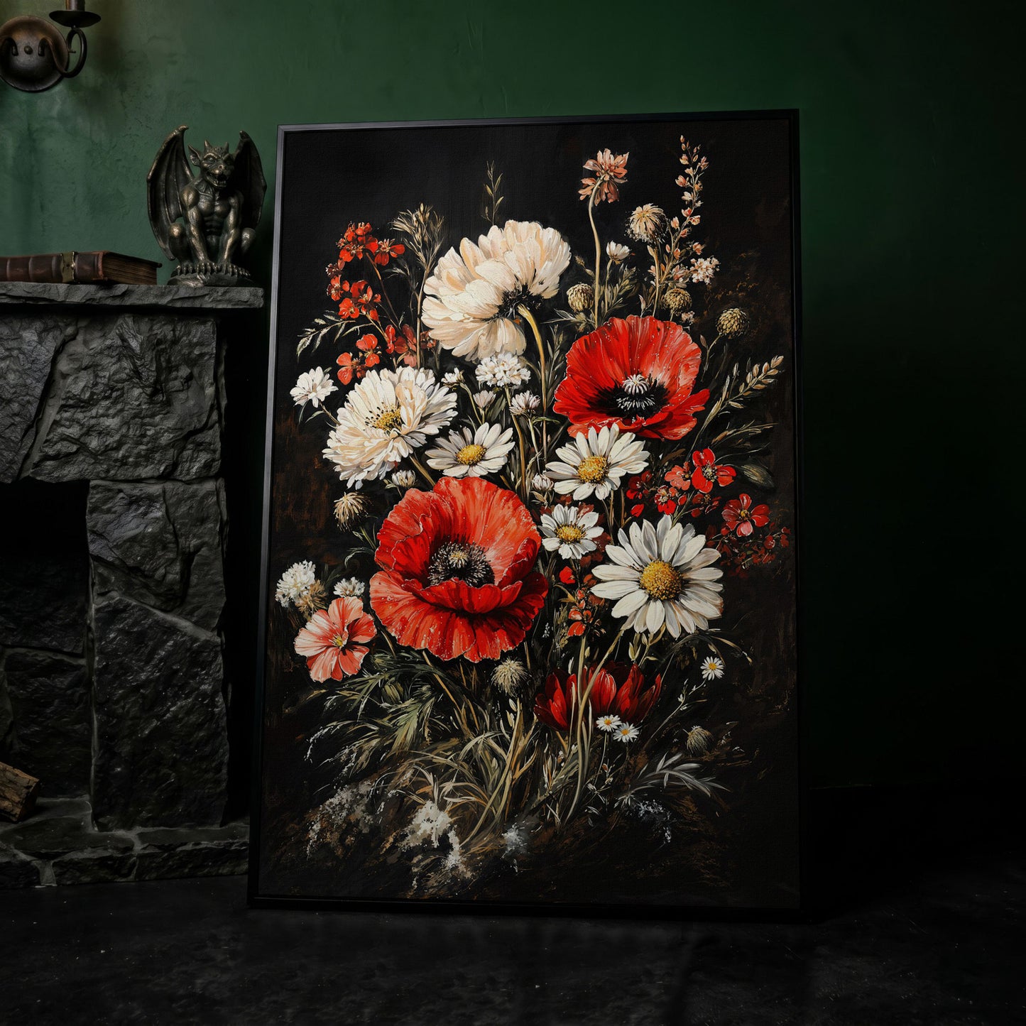 Red and White Wildflowers Canvas Print in black floating frame
