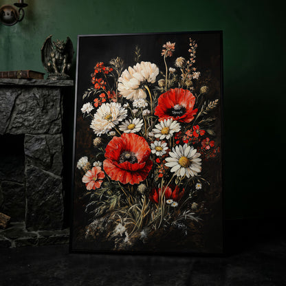 Red and White Wildflowers Canvas Print in black floating frame
