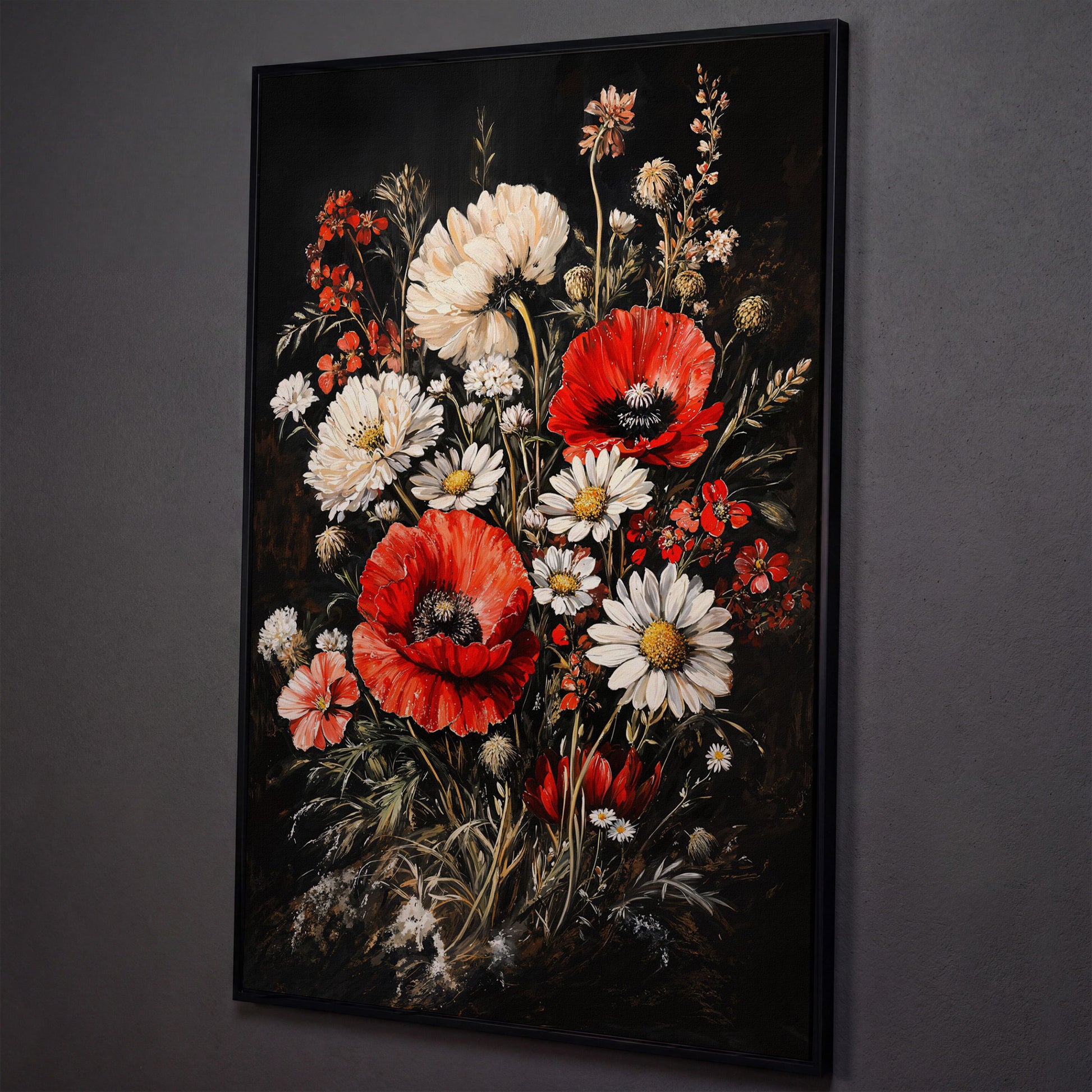Red and White Wildflowers Canvas Print shown in black floating frame