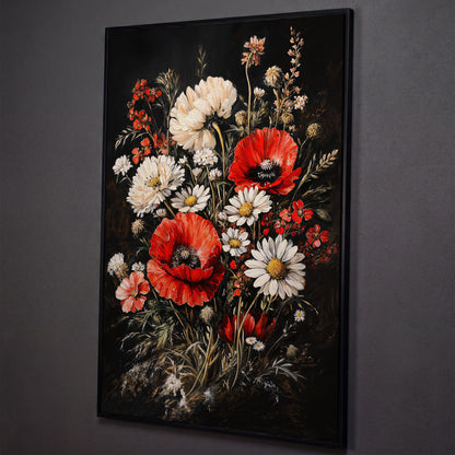 Red and White Wildflowers Canvas Print shown in black floating frame