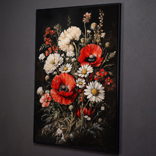 Red and White Wildflowers Canvas Print shown in black floating frame